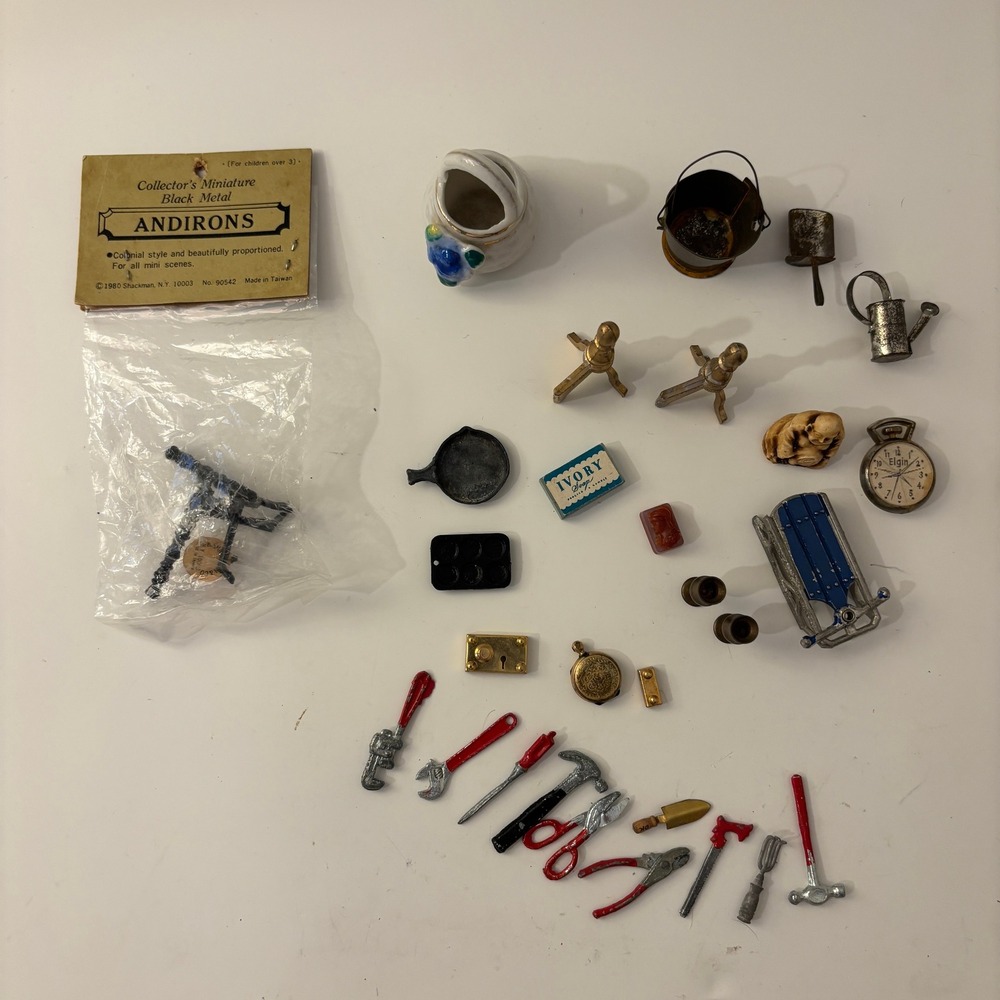 VTG Dollhouse Miniatures Lot Metal Tools Andirons Shackman Sled Cookware 1:12